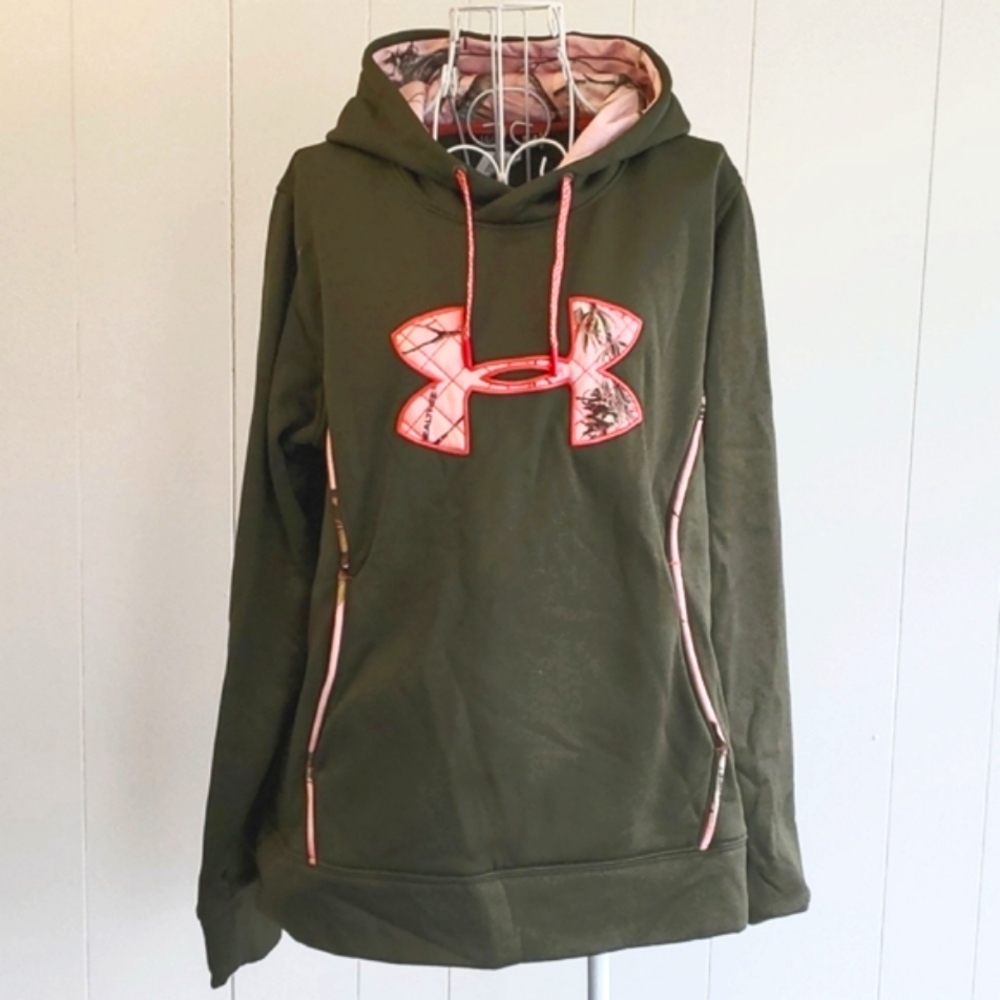 Under Armour UA Women's Pullover Hoodie Hooded Sweatshirt Army Green Pink Sz L